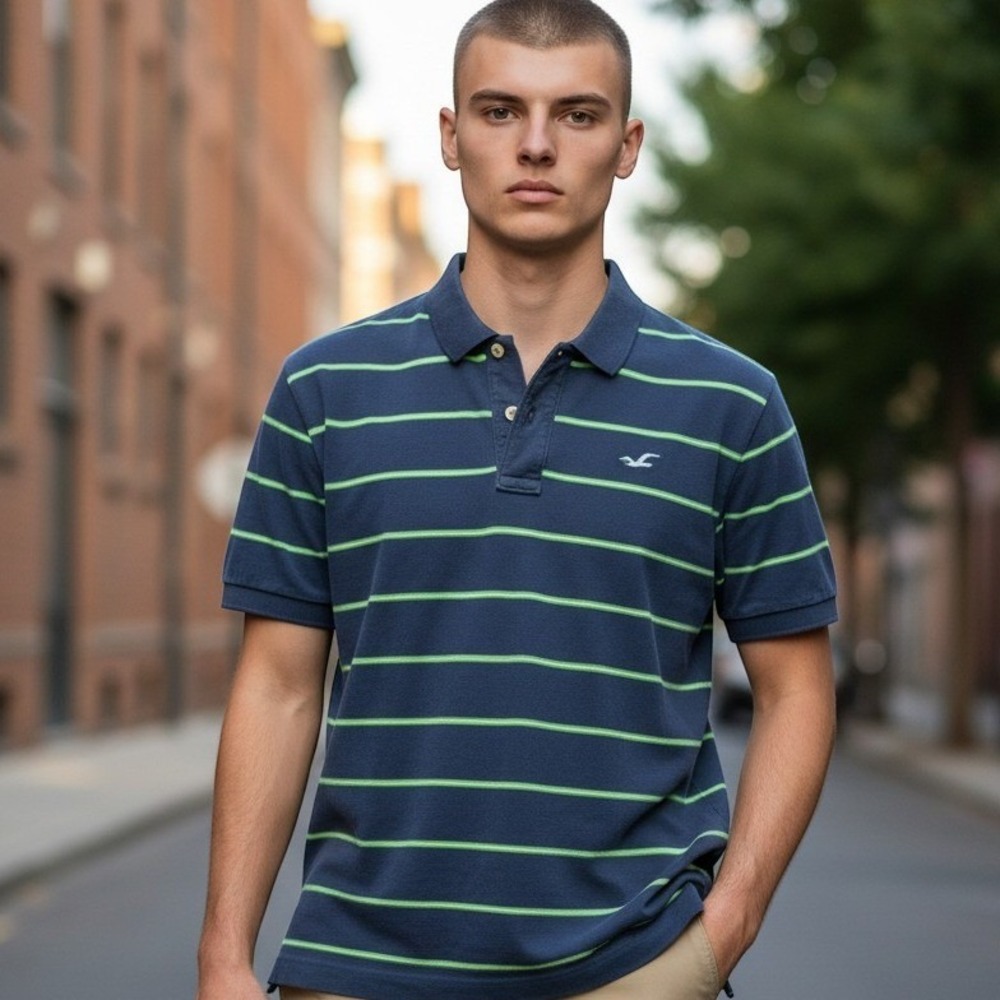 Hollister Polo Shirt Small Blue Green Striped Short Sleeve Cotton Logo Mens Y2K